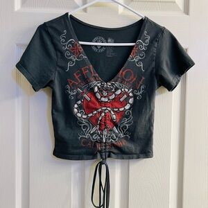 Affliction Black & Red Crop Top w/ Snake Design Rhinestones Sz Medium Ruched